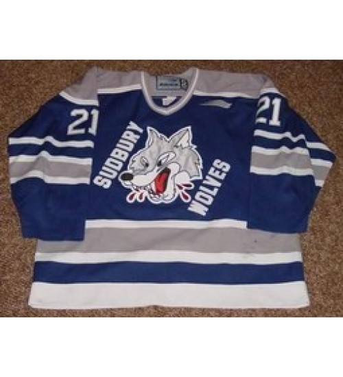 Custom OHL Sudbury Wolves 1999 00 21 Ryan Philips Hockey Jersey Away Blue